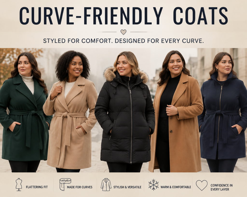 Women wearing Curve-Friendly Coats in different styles, showcasing comfortable fits, elegant designs, and modern winter fashion.