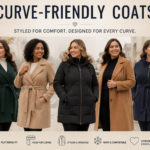 Women wearing Curve-Friendly Coats in different styles, showcasing comfortable fits, elegant designs, and modern winter fashion.