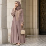 Eid outfit UK modest taupe dress with hijab and handbag