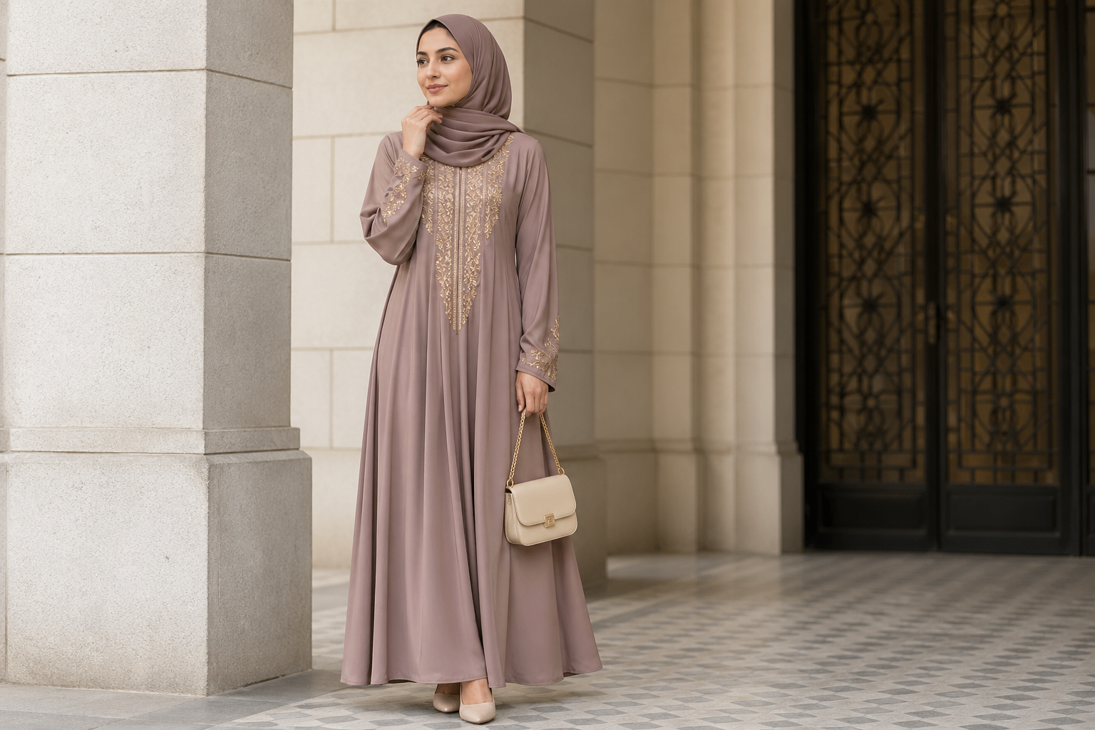 Eid outfit UK modest taupe dress with hijab and handbag