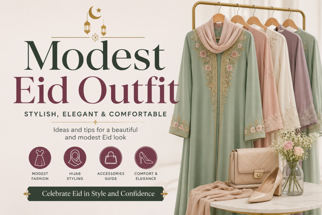 Modest Eid outfit ideas with elegant embroidered abayas, hijabs, shoes and accessories for women.