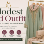 Modest Eid outfit ideas with elegant embroidered abayas, hijabs, shoes and accessories for women.