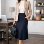 modest office outfits professional woman wearing blazer blouse and midi skirt in a modern office workspace