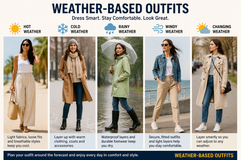 Weather-based outfits for hot, cold, rainy, windy and changing weather conditions.