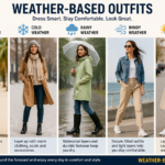 Weather-based outfits for hot, cold, rainy, windy and changing weather conditions.