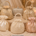 Elegant collection of Bridal Pouches Handbags in satin, pearl, and embroidered designs displayed on a soft wedding-themed background.
