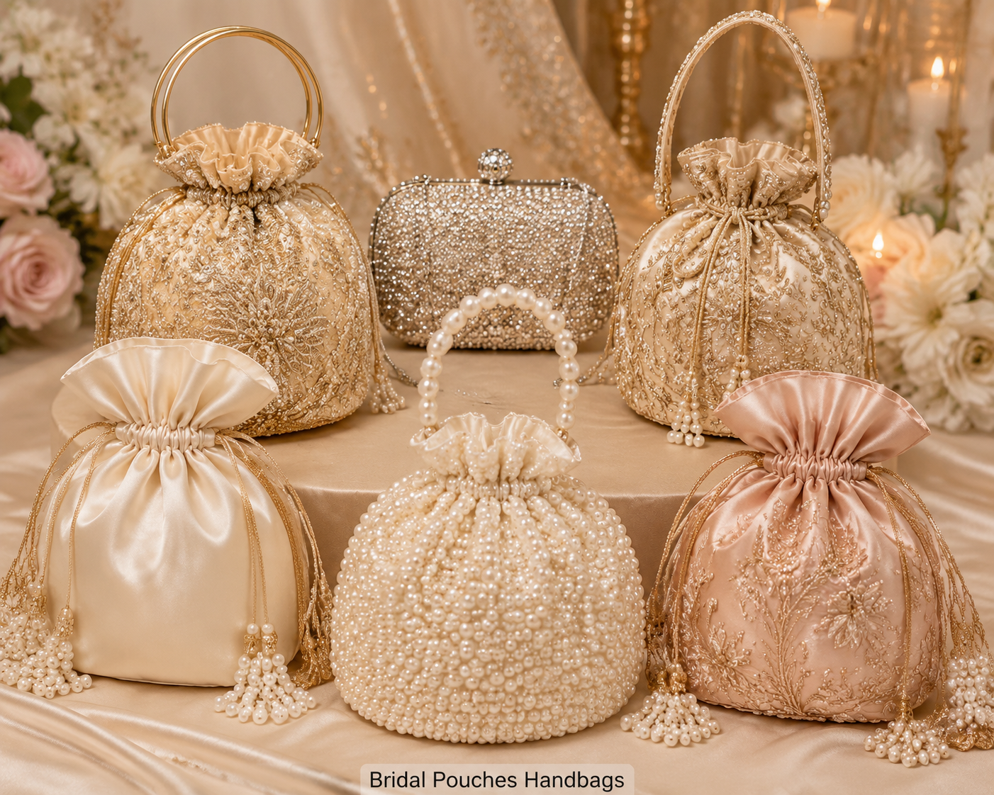 Elegant collection of Bridal Pouches Handbags in satin, pearl, and embroidered designs displayed on a soft wedding-themed background.