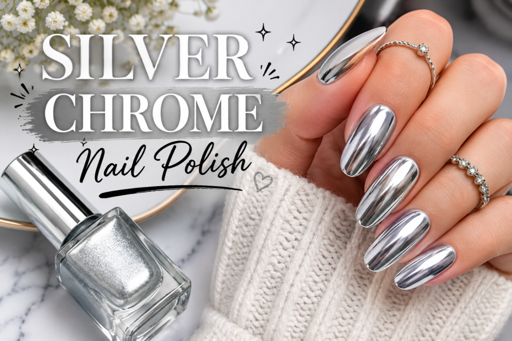 Elegant close-up of hands with silver chrome nail polish featuring a mirror-like metallic shine and smooth, glossy manicure finish.