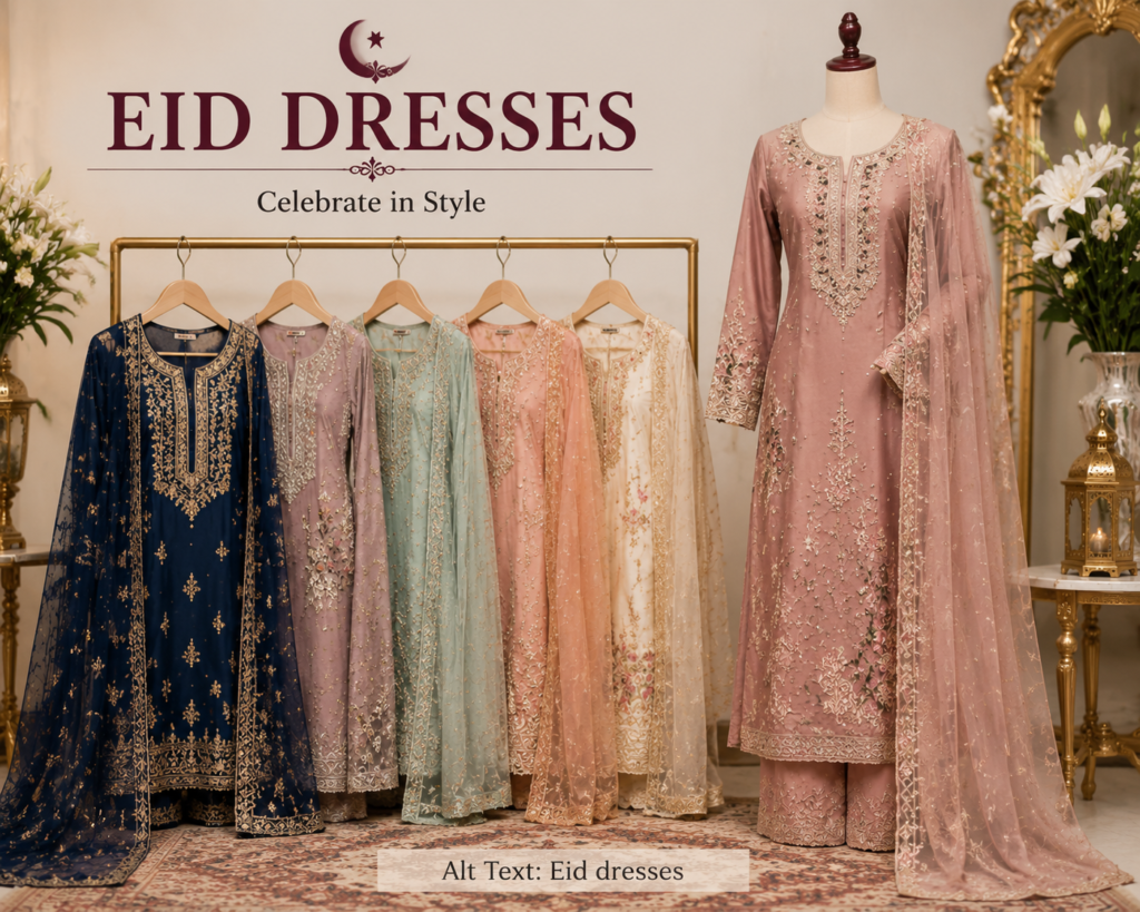 "Woman wearing elegant Eid Dresses 2026 with modern festive embroidery and stylish traditional design"
