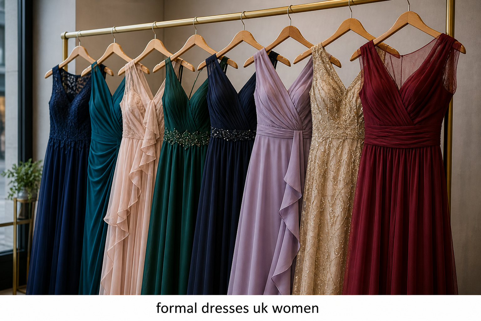 formal dresses uk women elegant boutique display with stylish evening gowns in satin, chiffon, and lace fabrics on hangers in a luxury fashion store