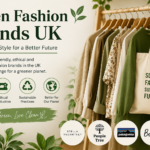 A clean eco-friendly promotional design for Green Fashion Brands UK featuring sustainable clothing on a wooden rack with neutral and green tones, eco icons highlighting ethical production, organic materials, and sustainability, alongside a tote bag reading “Sustainable Fashion Sustainable Future,” and brand logos like Stella McCartney, People Tree, Patagonia, and Boden, emphasizing modern sustainable fashion trends for 2026.