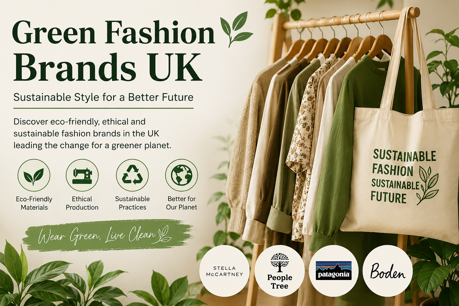 A clean eco-friendly promotional design for Green Fashion Brands UK featuring sustainable clothing on a wooden rack with neutral and green tones, eco icons highlighting ethical production, organic materials, and sustainability, alongside a tote bag reading “Sustainable Fashion Sustainable Future,” and brand logos like Stella McCartney, People Tree, Patagonia, and Boden, emphasizing modern sustainable fashion trends for 2026.