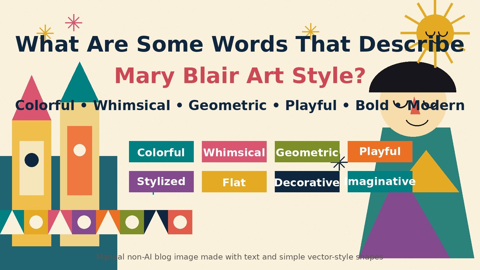 Mary Blair art style colorful guide showing bold shapes, flat colors, playful patterns, and whimsical illustration design.