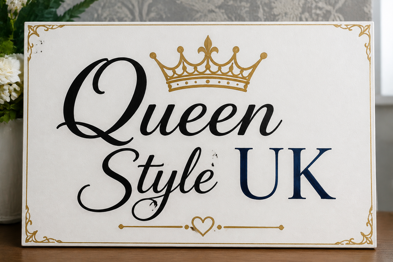 A decorative white plaque with elegant black calligraphy spelling 'Queen Style UK' framed in gold, featuring a golden crown above the word 'Queen', a blue 'UK', and a delicate gold flourish below. The plaque rests on a wooden surface with soft indoor lighting and a patterned wallpaper backdrop, creating an upscale royal aesthetic.