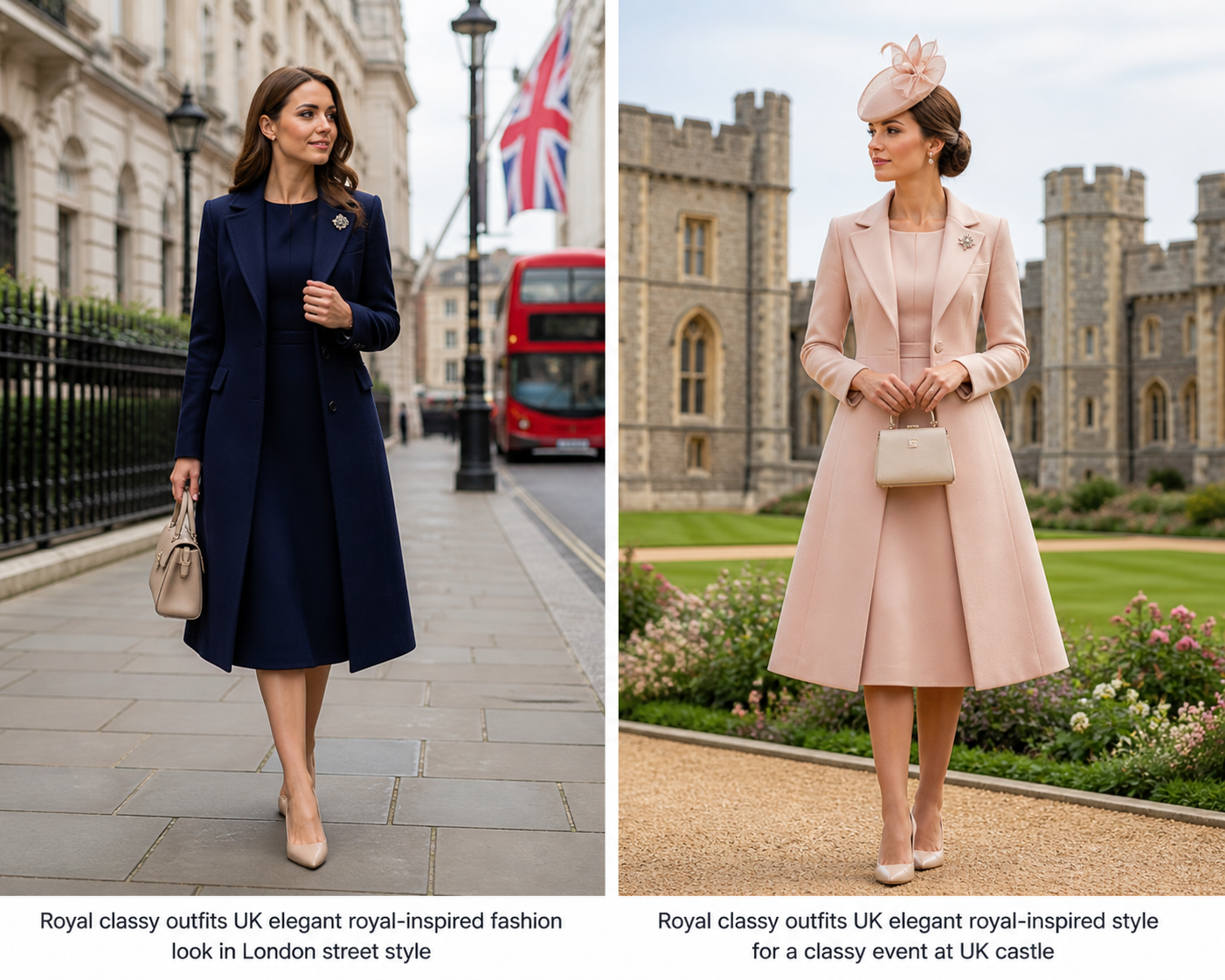 Royal classy outfits UK elegant woman wearing royal-inspired coat dress in London street style