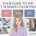 Soft Summer colour palette showing muted rose, slate blue, sage green, and lavender grey shades for fashion and makeup inspiration