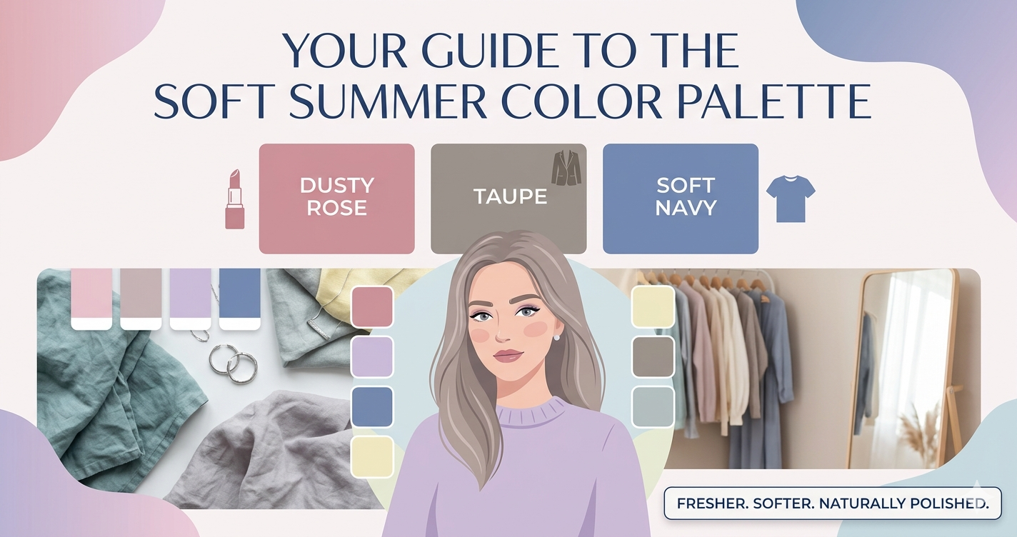 Soft Summer colour palette showing muted rose, slate blue, sage green, and lavender grey shades for fashion and makeup inspiration