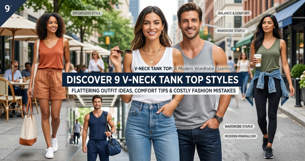 A complete infographic guide for selecting and styling a Tank Top With V Neck, featuring fabric choices, fit options, core colors, and four curated outfit ideas for casual, polished, active, and layered looks