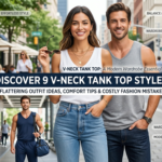 A complete infographic guide for selecting and styling a Tank Top With V Neck, featuring fabric choices, fit options, core colors, and four curated outfit ideas for casual, polished, active, and layered looks