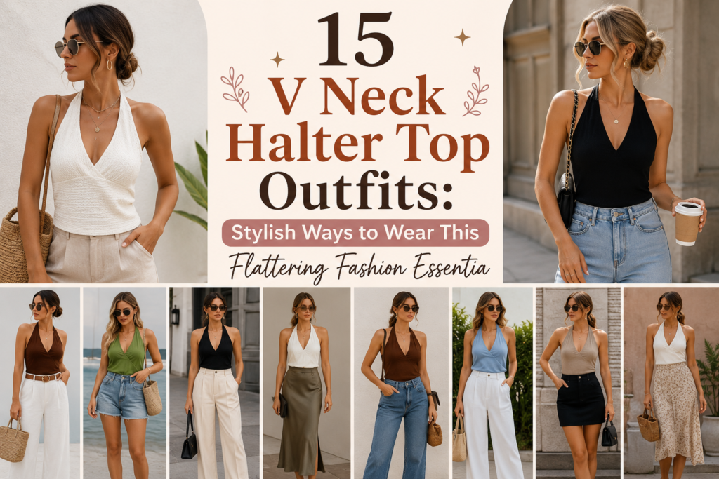 "Fashion collage featuring multiple women wearing stylish v-neck halter top in different outfit combinations, including jeans, skirts, shorts, and wide-leg pants. The design highlights 15 trendy V-neck halter top outfit ideas with elegant, modern styling in neutral and seasonal colors."