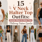 "Fashion collage featuring multiple women wearing stylish v-neck halter top in different outfit combinations, including jeans, skirts, shorts, and wide-leg pants. The design highlights 15 trendy V-neck halter top outfit ideas with elegant, modern styling in neutral and seasonal colors."