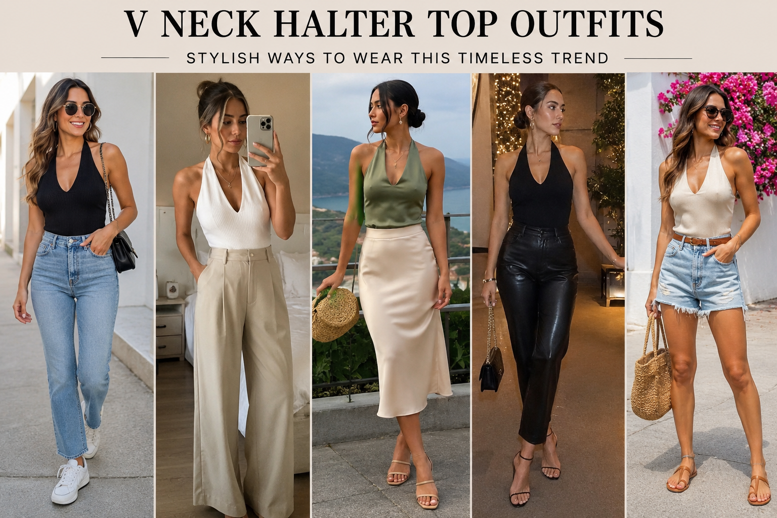 V Neck Halter Top Outfits featuring women styling flattering halter neck tops with jeans, wide-leg trousers, midi skirts, leather pants, and summer shorts for casual and elegant fashion looks.