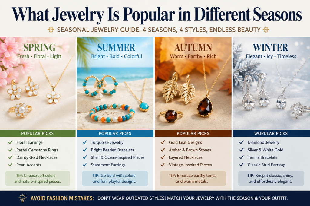 Infographic showing what jewelry is popular in different seasons from spring florals to winter diamonds