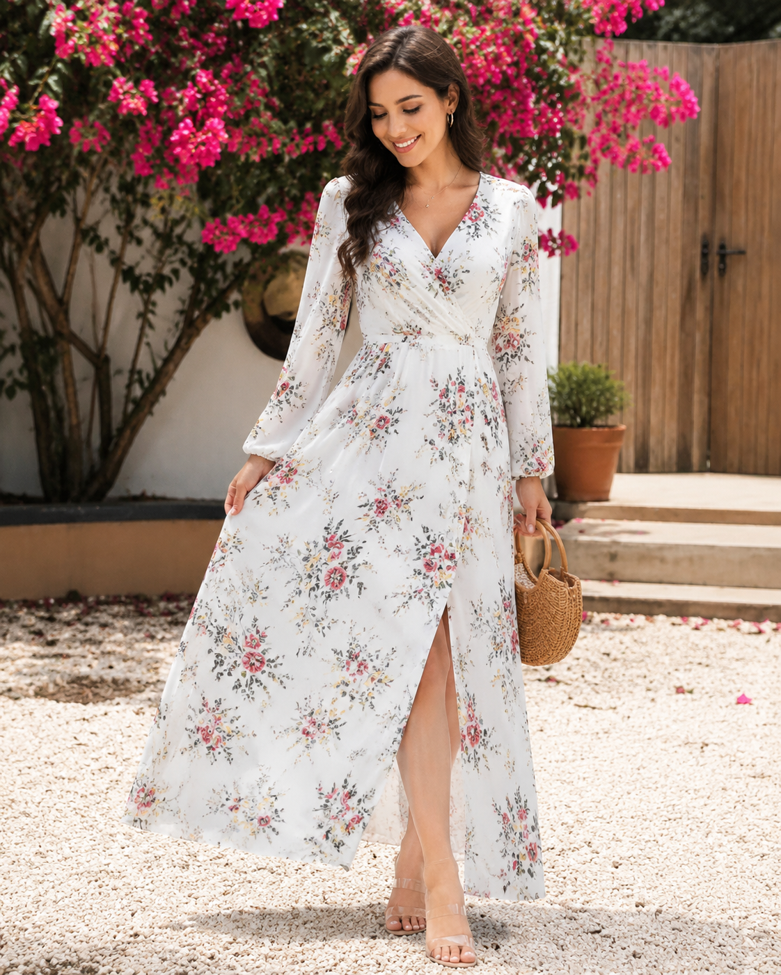 Woman wearing a white floral maxi dress in a sunlit garden, holding a woven handbag with pink flowers in the background.