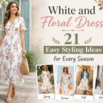 Woman wearing a white and floral dress walking outdoors with nude sandals, styled for spring, summer, fall, and winter fashion.