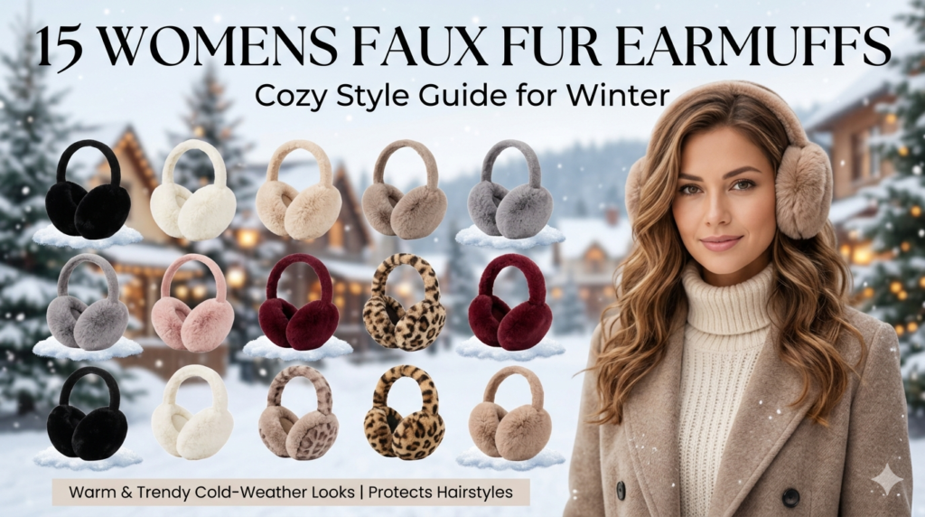 15 Womens Faux Fur Earmuffs: Cozy Style Guide for Winter, showing a woman wearing plush earmuffs next to a display of fifteen different color options.