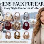 15 Womens Faux Fur Earmuffs: Cozy Style Guide for Winter, showing a woman wearing plush earmuffs next to a display of fifteen different color options.