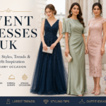Elegant event dresses UK for women featuring evening gowns, midi dresses, floral maxi dresses, and formal party outfits in modern British fashion styles for weddings and special occasions.