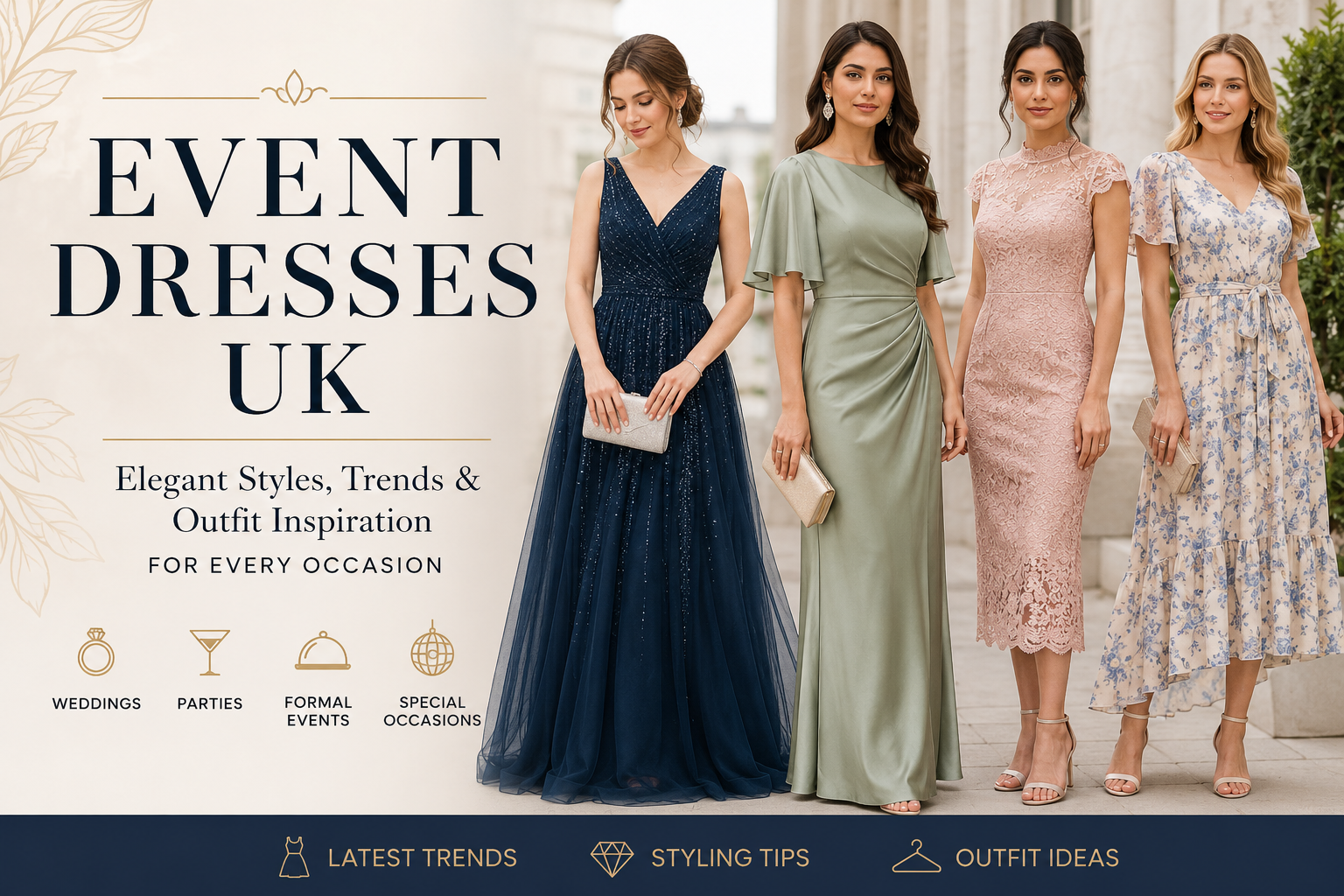Elegant event dresses UK for women featuring evening gowns, midi dresses, floral maxi dresses, and formal party outfits in modern British fashion styles for weddings and special occasions.