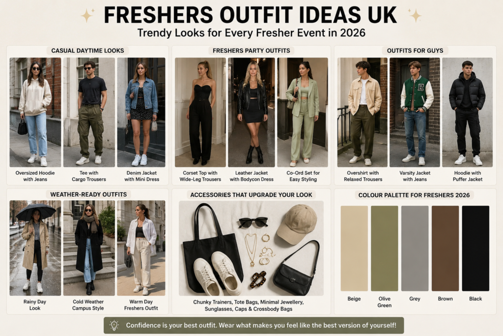 Trendy Freshers Outfit Ideas UK 2026 infographic featuring casual campus looks, party outfits, weather-ready styles, accessories, and modern student fashion inspiration for boys and girls in the UK.