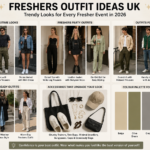 Trendy Freshers Outfit Ideas UK 2026 infographic featuring casual campus looks, party outfits, weather-ready styles, accessories, and modern student fashion inspiration for boys and girls in the UK.