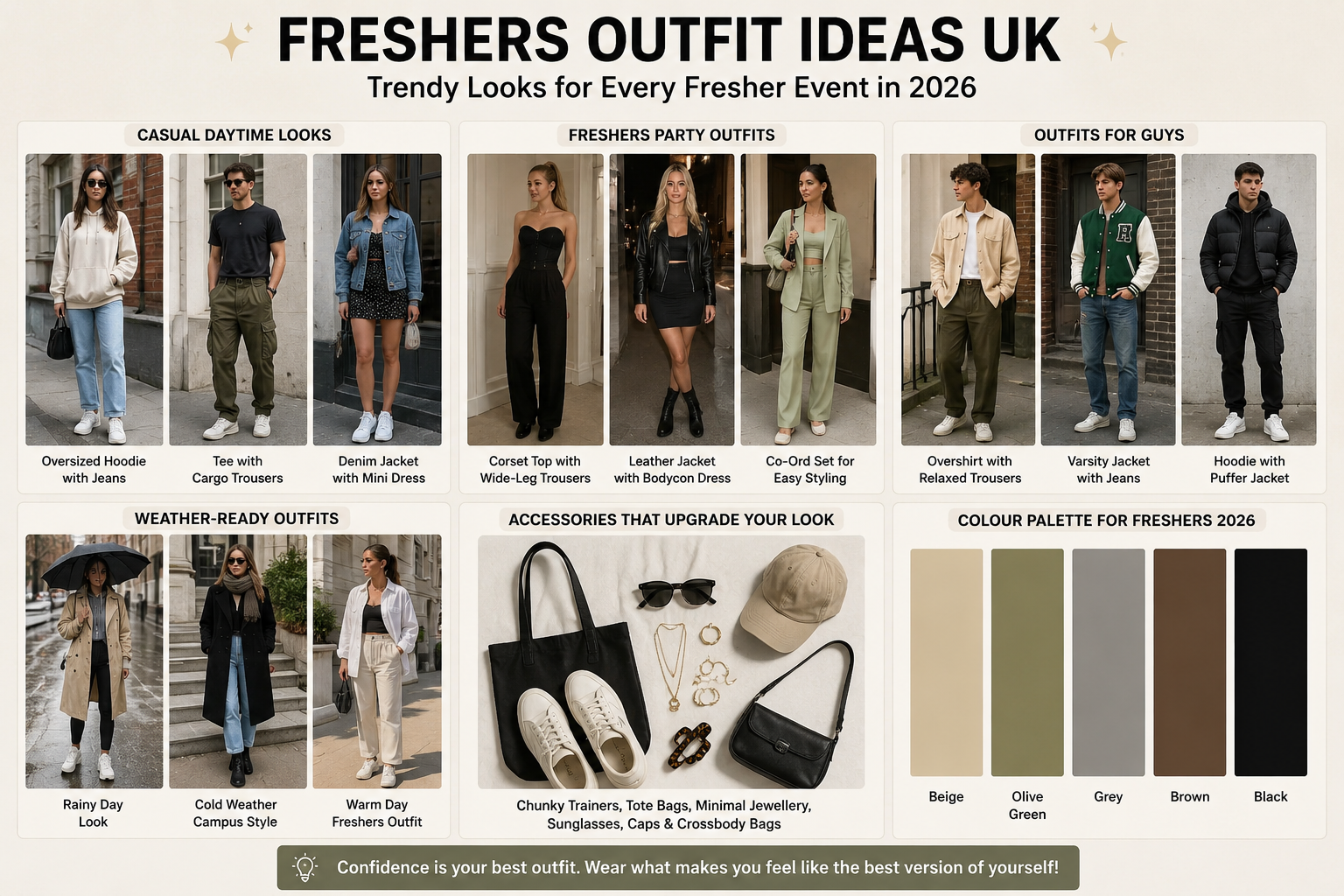Trendy Freshers Outfit Ideas UK 2026 infographic featuring casual campus looks, party outfits, weather-ready styles, accessories, and modern student fashion inspiration for boys and girls in the UK.