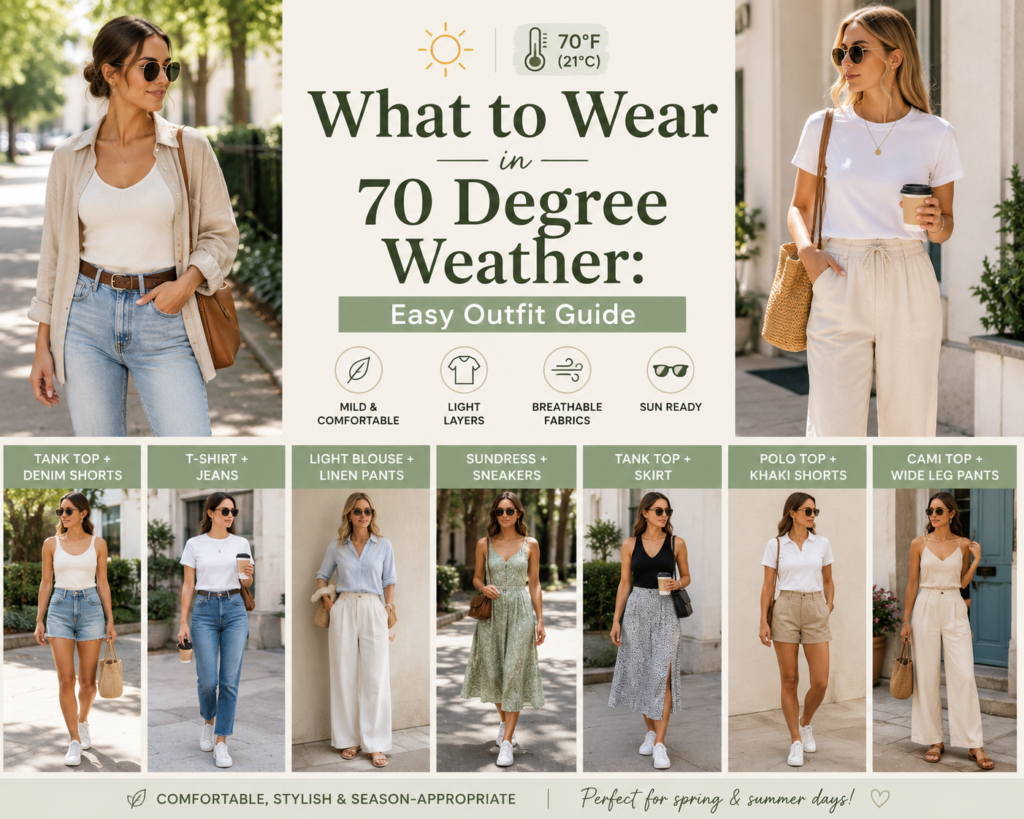 Fashion guide collage showing stylish outfit ideas for wear 70-degree weather. Models wear lightweight layers, T-shirts, tank tops, sundresses, linen pants, skirts, jeans, and shorts in comfortable spring and summer looks. The design highlights breathable fabrics and versatile outfit combinations for mild, sunny temperatures."
