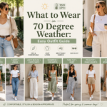 Fashion guide collage showing stylish outfit ideas for wear 70-degree weather. Models wear lightweight layers, T-shirts, tank tops, sundresses, linen pants, skirts, jeans, and shorts in comfortable spring and summer looks. The design highlights breathable fabrics and versatile outfit combinations for mild, sunny temperatures."