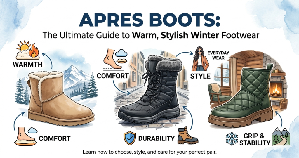 "APRES BOOTS: The Ultimate Guide to Warm, Stylish Winter Footwear." The visual features three distinct styles of winter boots—a classic tan shearling apres boot against a snowy mountain backdrop, a durable black lace-up apres boot on an icy city street, and a quilted olive green apres boot next to a cozy indoor fireplace. Graphic callouts with icons highlight key features discussed in the article: Warmth, Comfort, Style, Durability, and Grip & Stability.