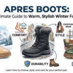 "APRES BOOTS: The Ultimate Guide to Warm, Stylish Winter Footwear." The visual features three distinct styles of winter boots—a classic tan shearling apres boot against a snowy mountain backdrop, a durable black lace-up apres boot on an icy city street, and a quilted olive green apres boot next to a cozy indoor fireplace. Graphic callouts with icons highlight key features discussed in the article: Warmth, Comfort, Style, Durability, and Grip & Stability.