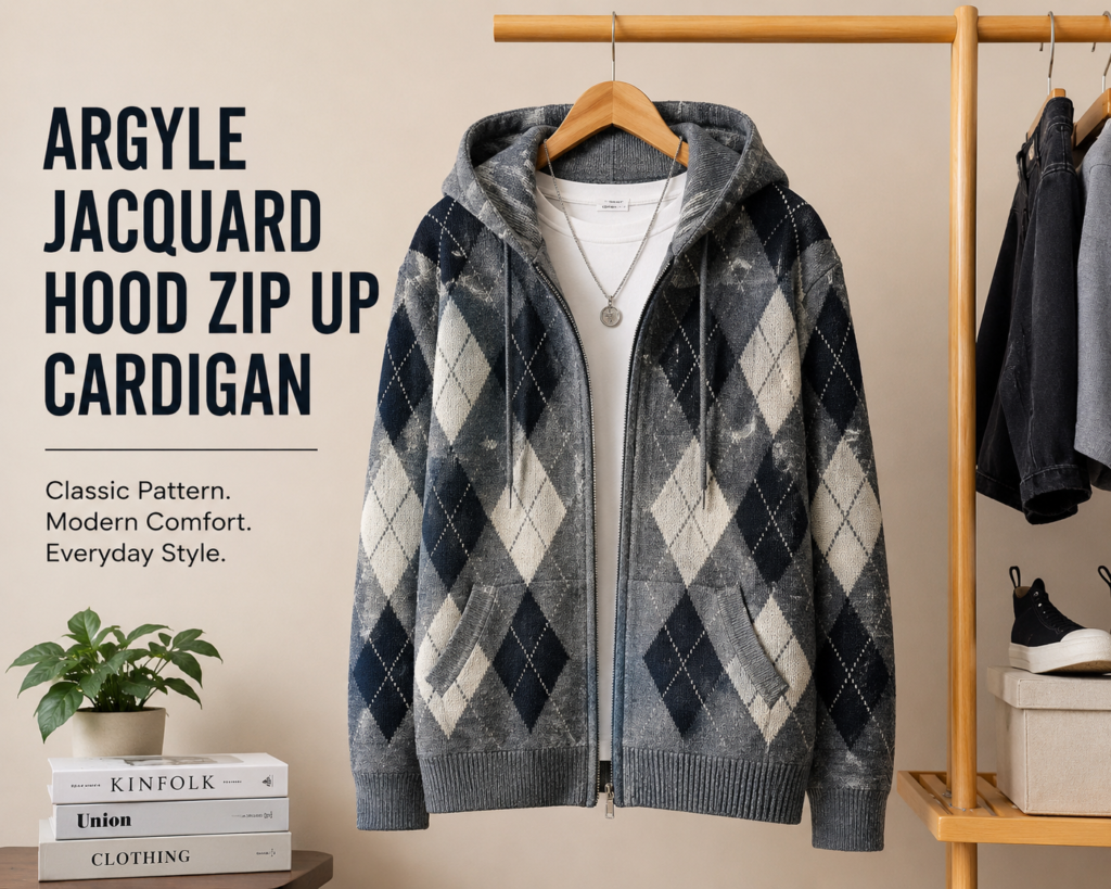 Argyle jacquard hood zip up cardigan displayed on a wooden hanger in a modern studio fashion setup with neutral background