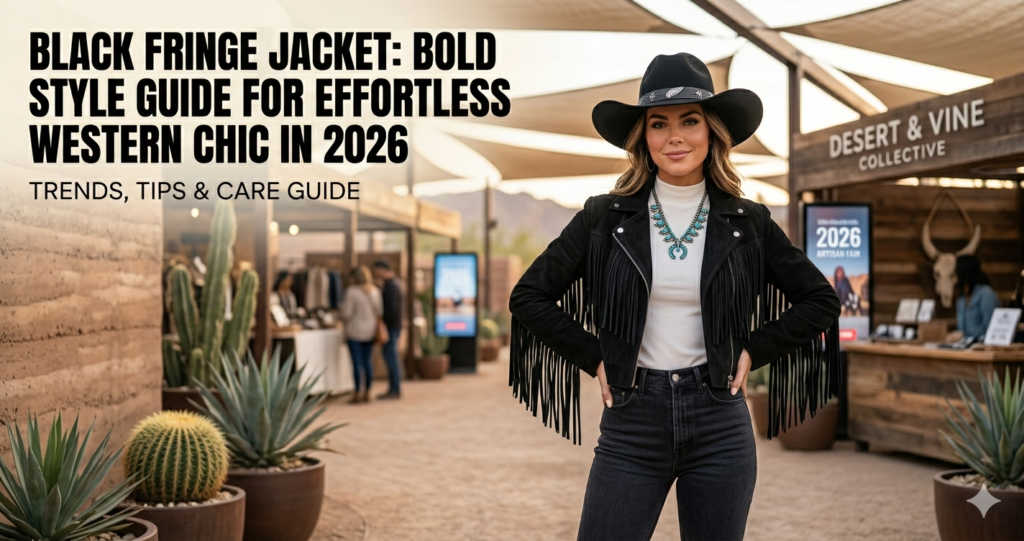 Close-up of a stylish woman in a black fringe jacket, cowboy hat, and turquoise necklace at an outdoor desert artisan market.
