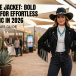 Close-up of a stylish woman in a black fringe jacket, cowboy hat, and turquoise necklace at an outdoor desert artisan market.