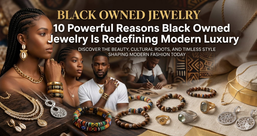 Elegant collection of modern luxury black owned jewelry featuring gold cowrie shell necklaces, beaded bracelets, artisan rings, and models showcasing Afrocentric fashion pieces.