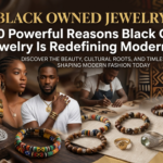 Elegant collection of modern luxury black owned jewelry featuring gold cowrie shell necklaces, beaded bracelets, artisan rings, and models showcasing Afrocentric fashion pieces.