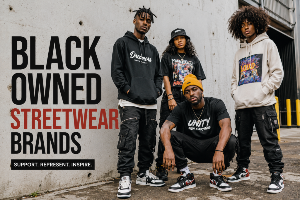 Black owned streetwear brands fashion campaign featuring four young models in urban streetwear outfits with bold typography promoting Black owned streetwear brands.