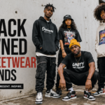 Black owned streetwear brands fashion campaign featuring four young models in urban streetwear outfits with bold typography promoting Black owned streetwear brands.