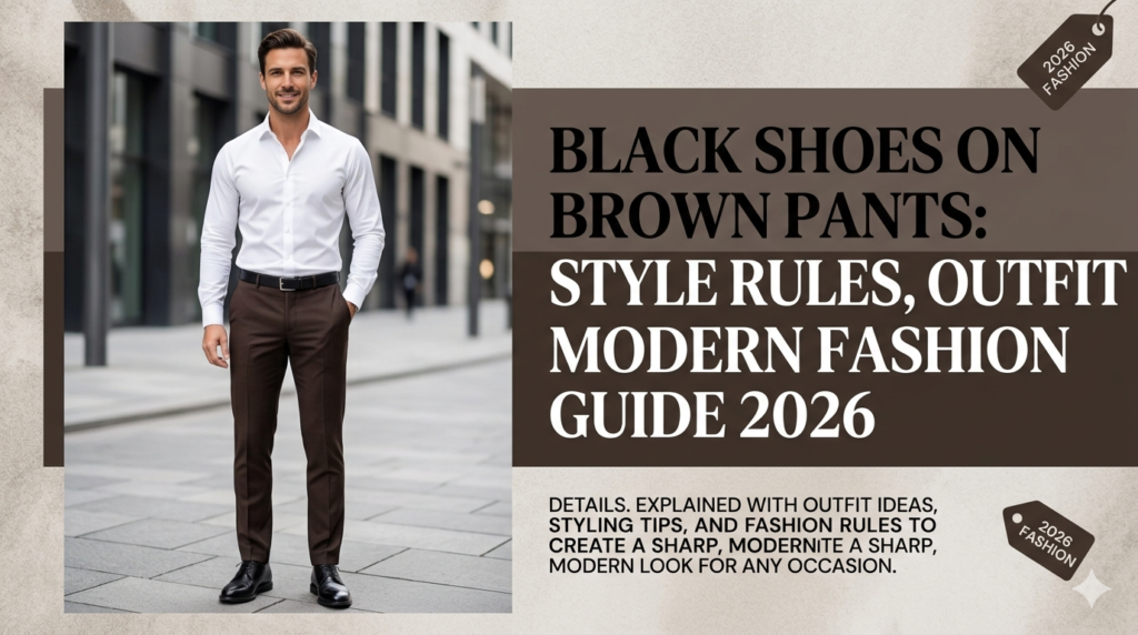 Black shoes on brown pants styled with a white shirt for a modern 2026 fashion look