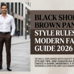 Black shoes on brown pants styled with a white shirt for a modern 2026 fashion look
