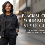 Stylish presentation of blackish clothes styling with text overlay highlighting eleven fashion tips and timeless outfit ideas for a lifestyle blog featured image.